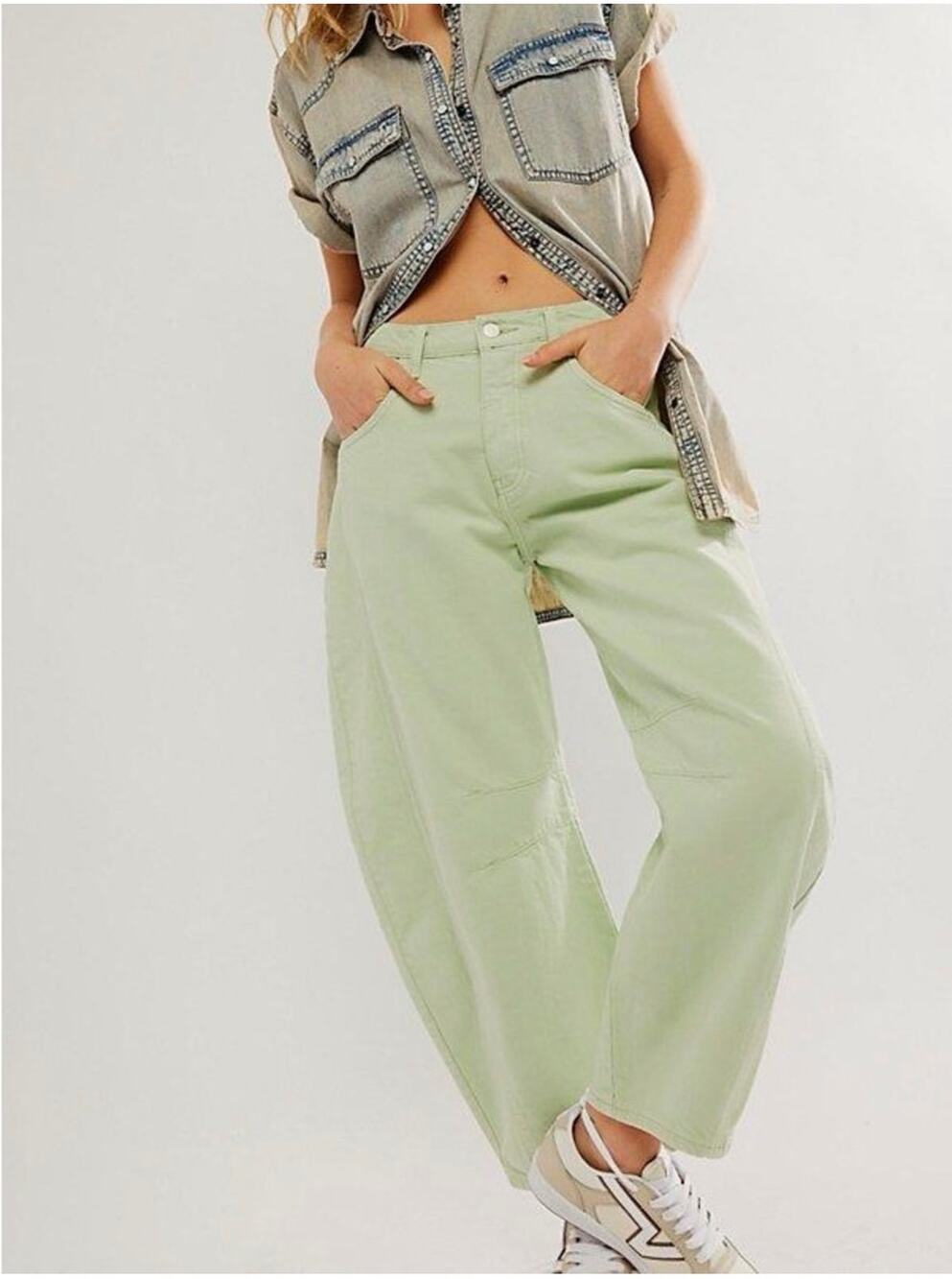 We the Free Jeans Womens 32 Pistachio Green Lucky You Barrel Mid Rise Button Fly